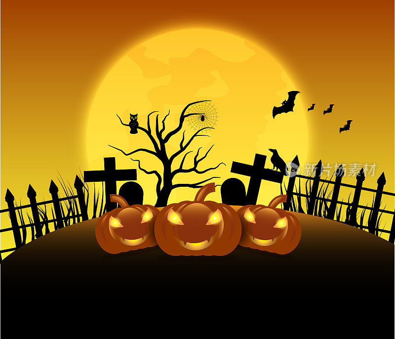 Halloween background with pumpkin and full moon. Vector Background